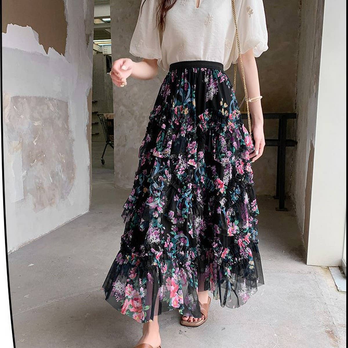 COLORFUL FLORAL MESH PRINT PLEATED TULLE SKIRT