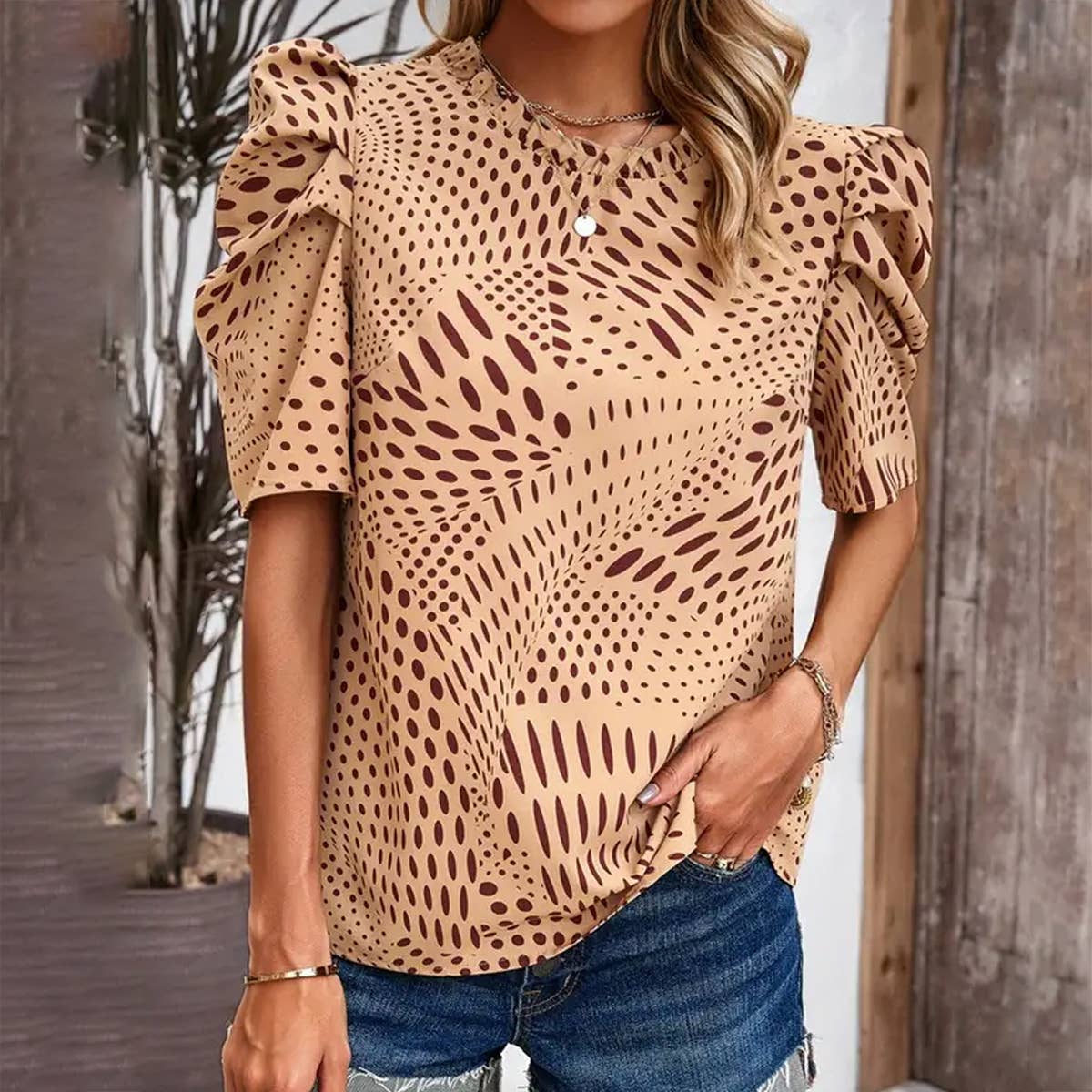 TEMPERAMENT PUFFED SLEEVE PRINTED TOP_CWTSTS0168