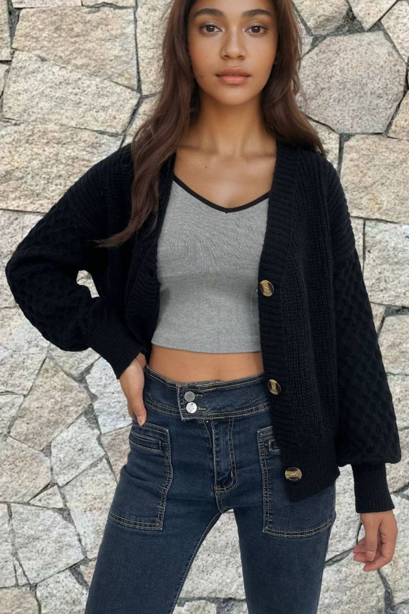 CWOCAL1875_VINTAGE V-NECK LONG SLEEVE SWEATER CARDIGAN