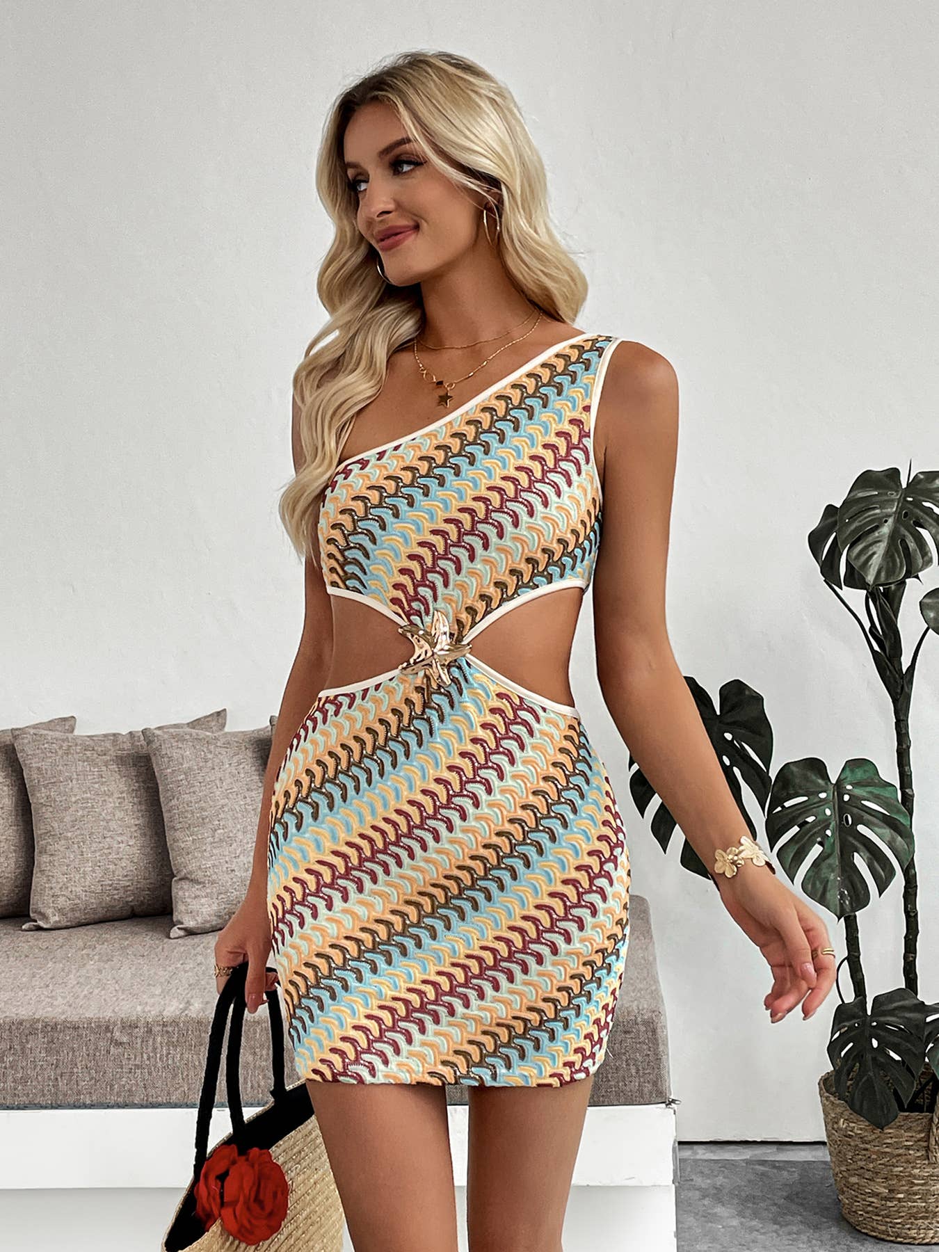 Vacation style striped single-shoulder dress