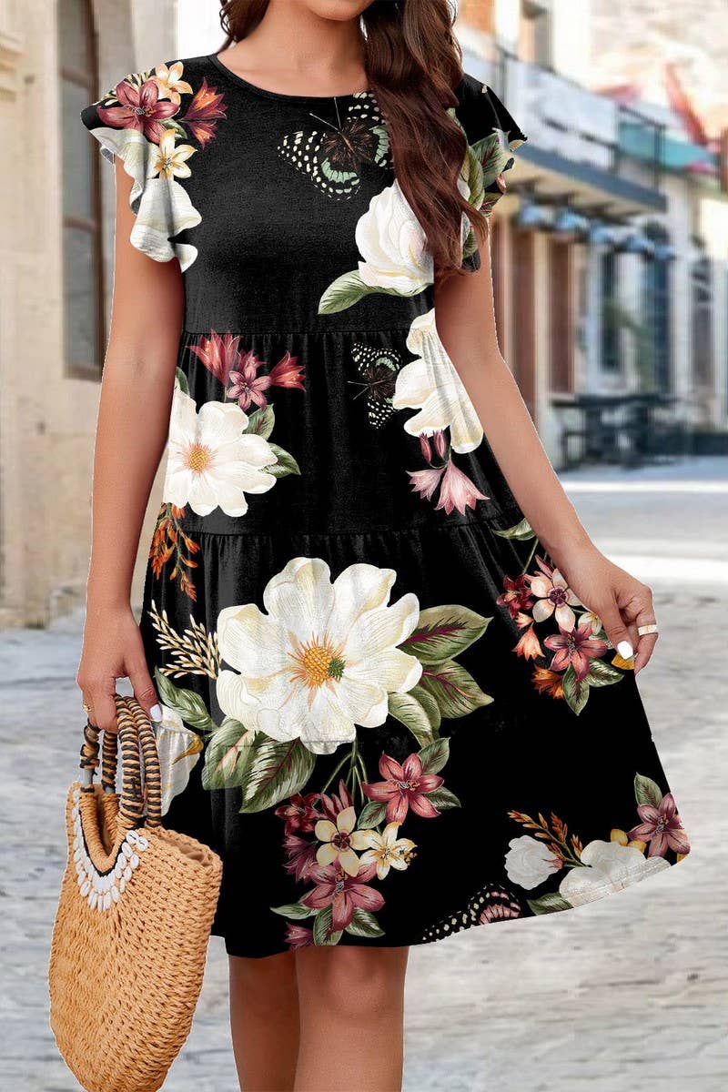 CWDSD7387_PRINTED CAKE FLY SLEEVE CASUAL DRESS