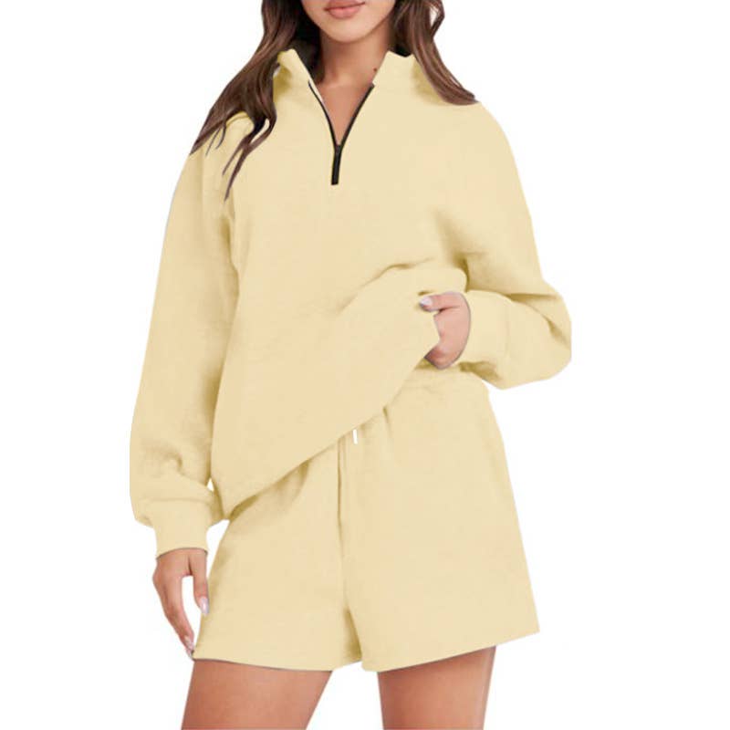 Pocket solid-color shorts and hoodie set