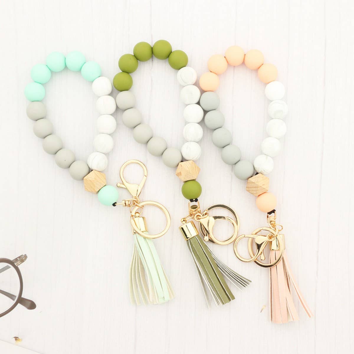 Beech Wood & Silicone Bead Wristlet Keychain_CWMM7006