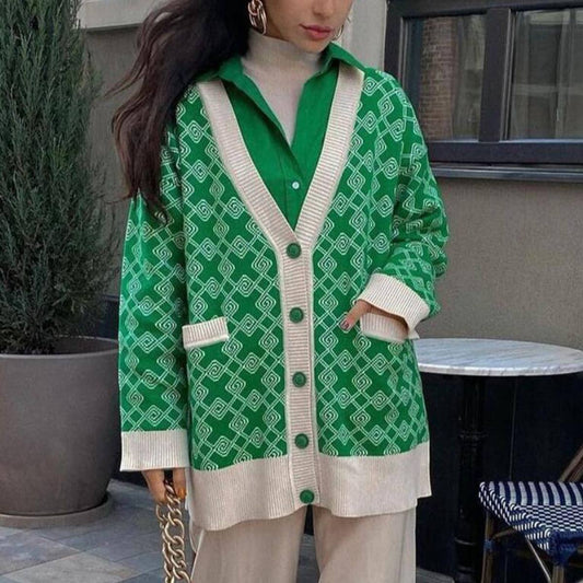 ETHNIC STYLE COLOR CONTRAST V-NECK CARDIGAN