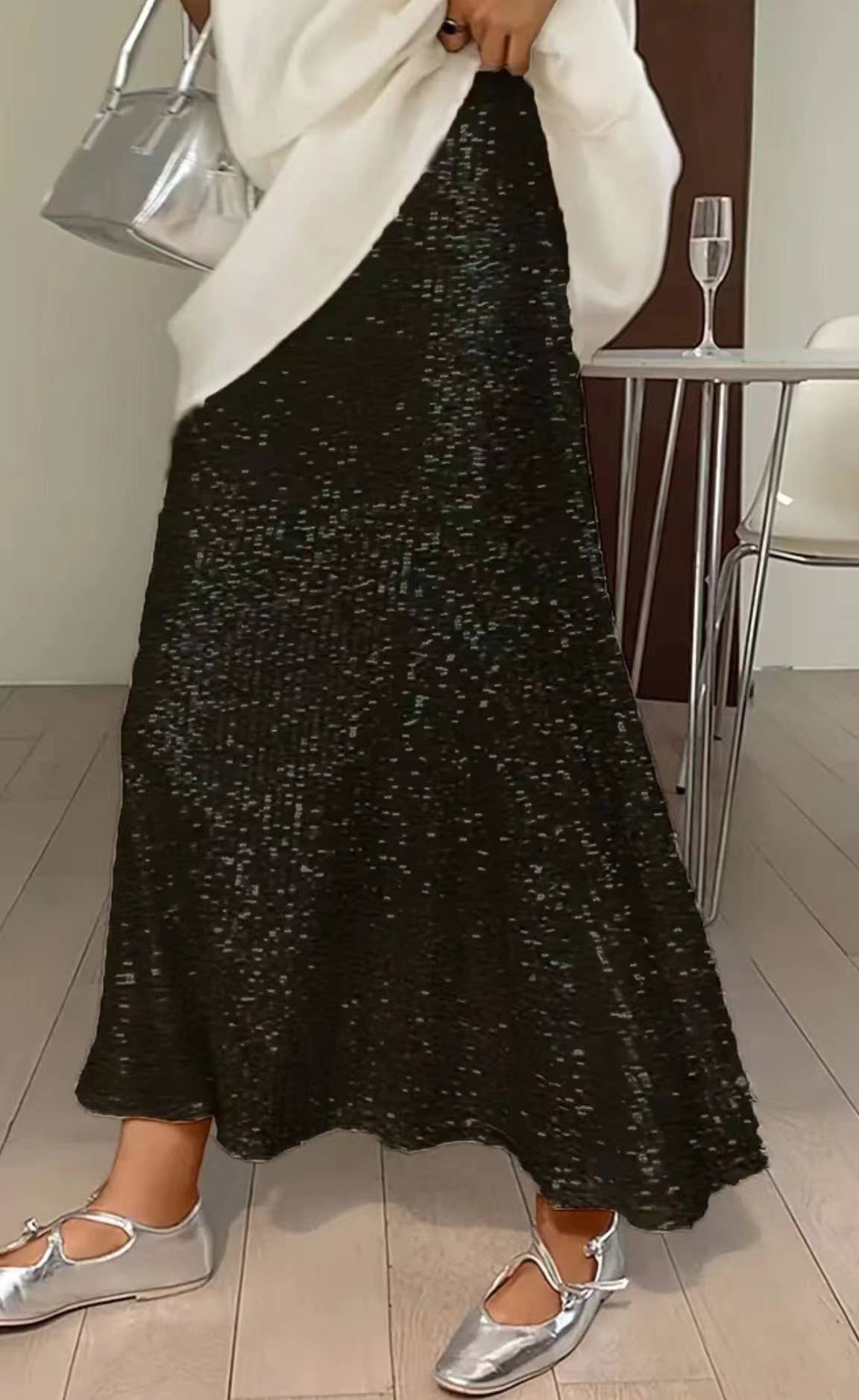 Sequined high-waisted inner elastic drape skirt