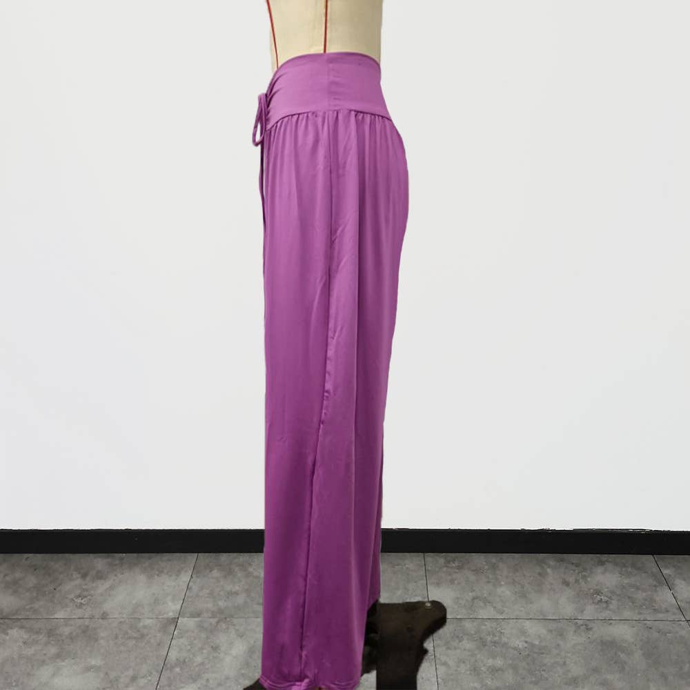 Pleated lace-up slacks Stretch wide-leg pants