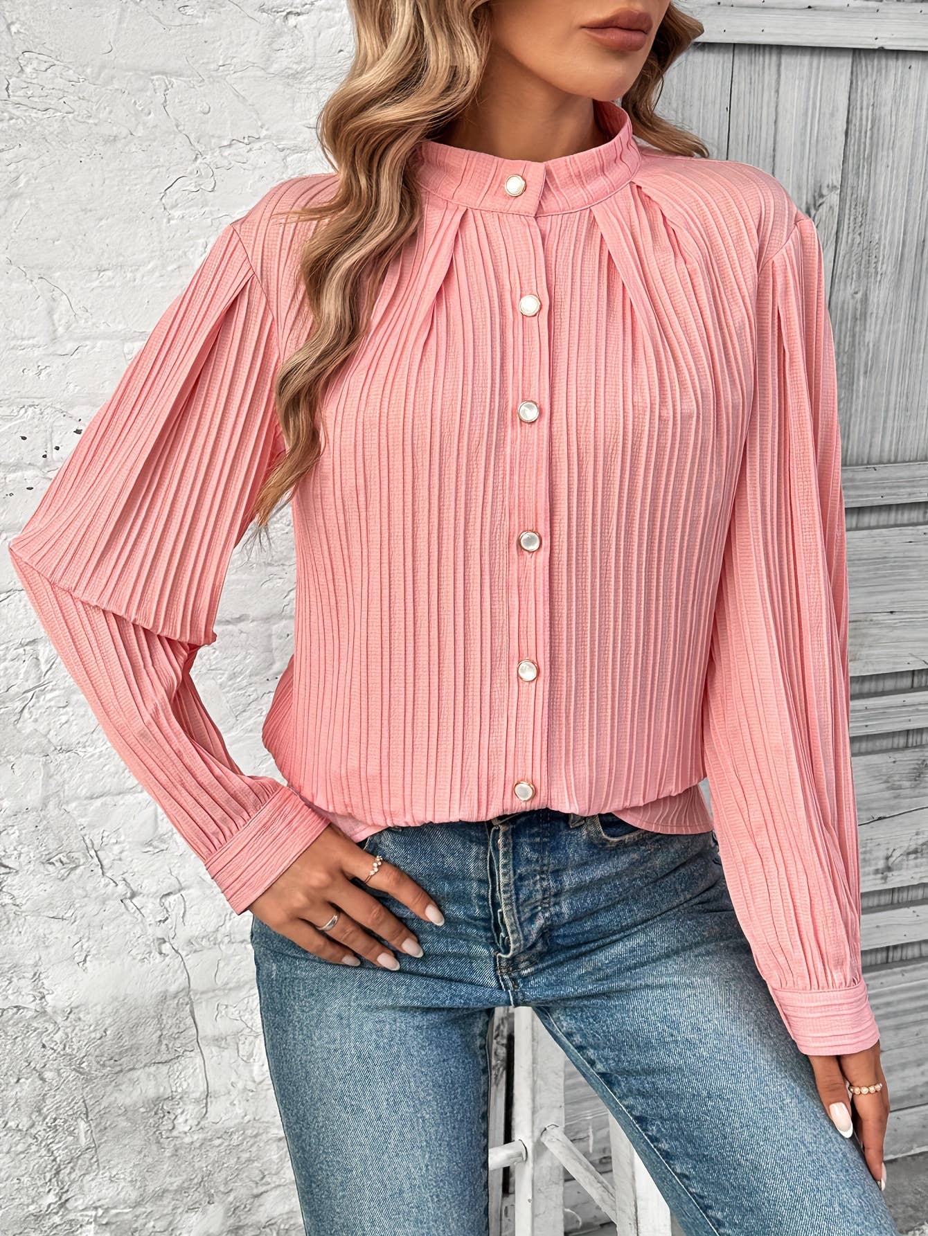 Solid-color single-breasted long-sleeved top