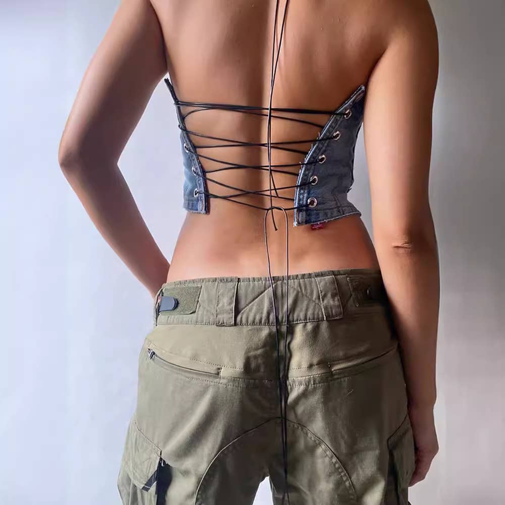 Unique denim strapless crop top streetwear