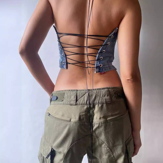 Unique denim strapless crop top streetwear