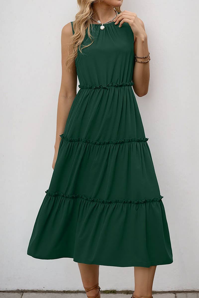 CWDMD5773_SOLID RUFFLED SLEEVELESS PLEATED MIDI DRESS