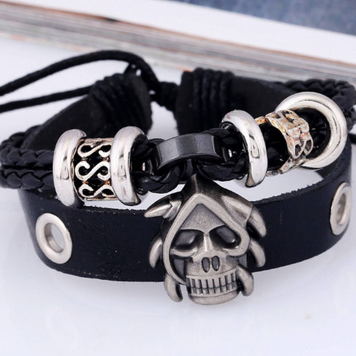 NEW BEADED SKULL BRAIDED LEATHER BRACELET