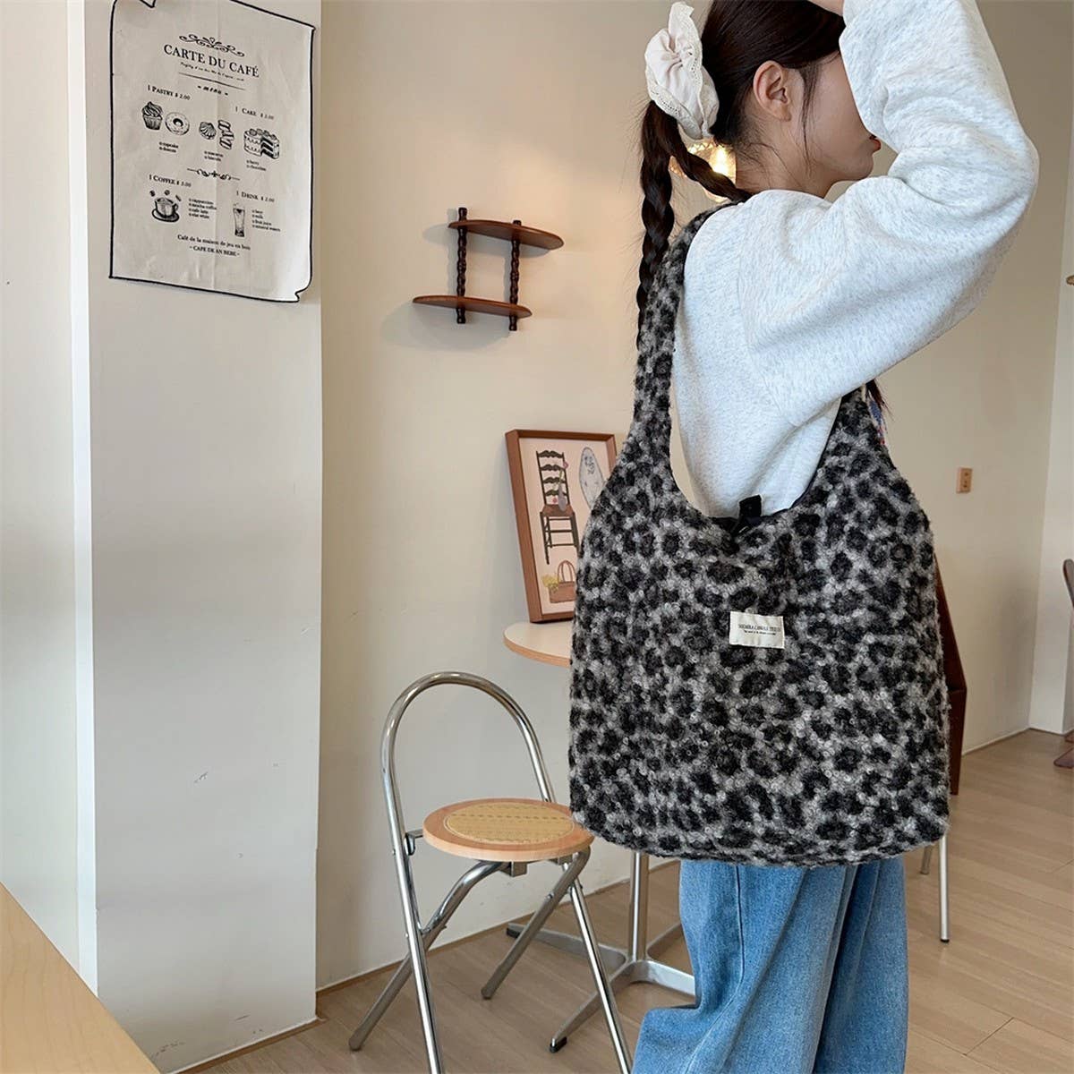 CWAB3900_PLUSH LARGE CAPACITY LEOPARD PRINT SHOULDER BAG