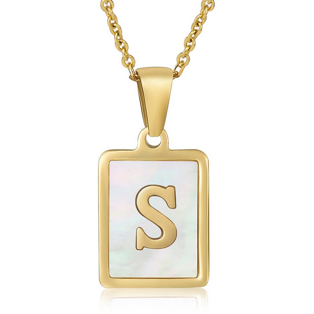 CWAJE1917_Square Stainless Steel White Shell Letter Necklace