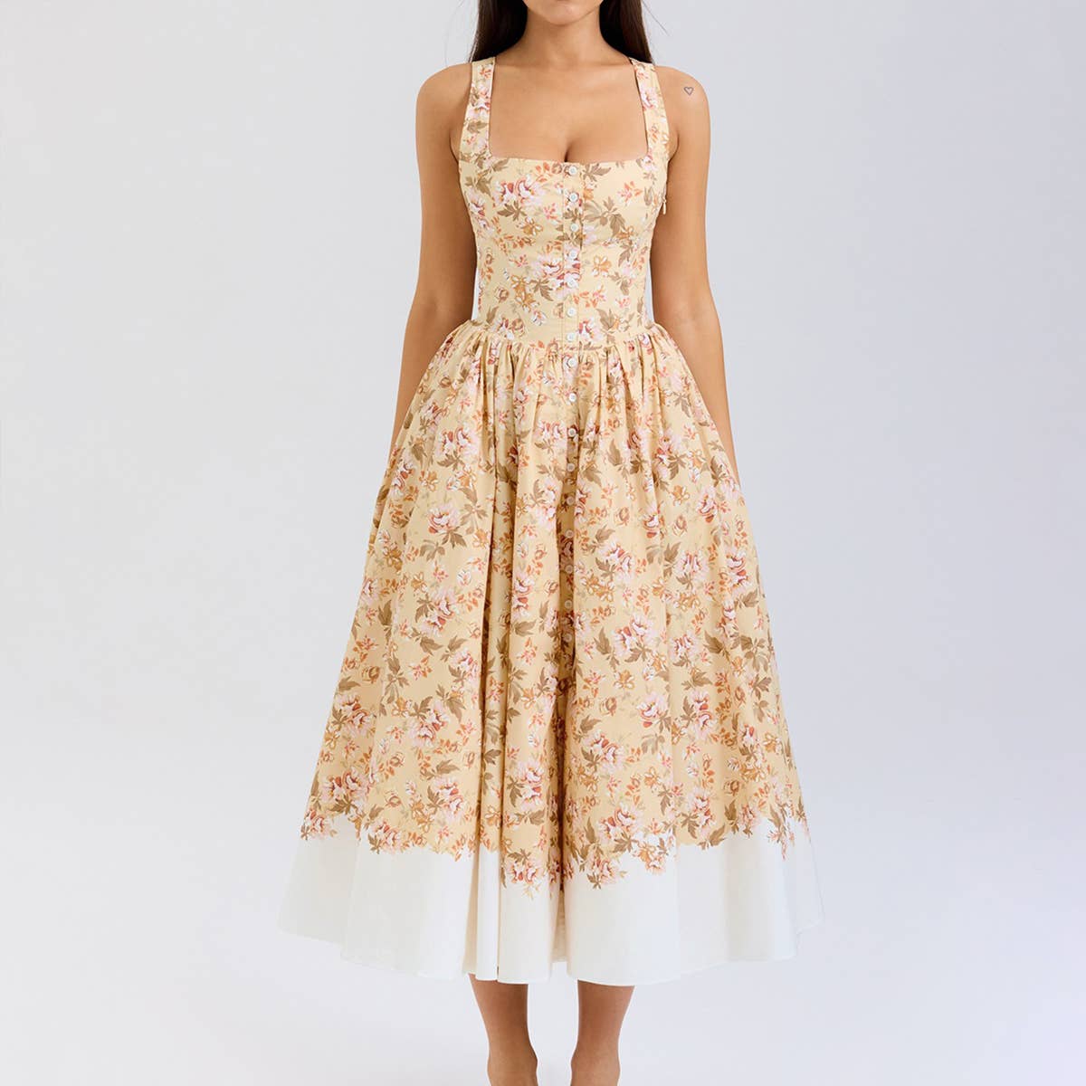 Sexy U-collar slim button-up floral long dress
