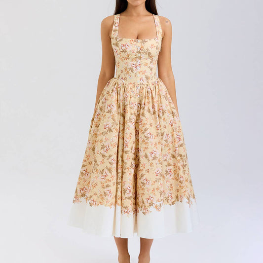 Sexy U-collar slim button-up floral long dress