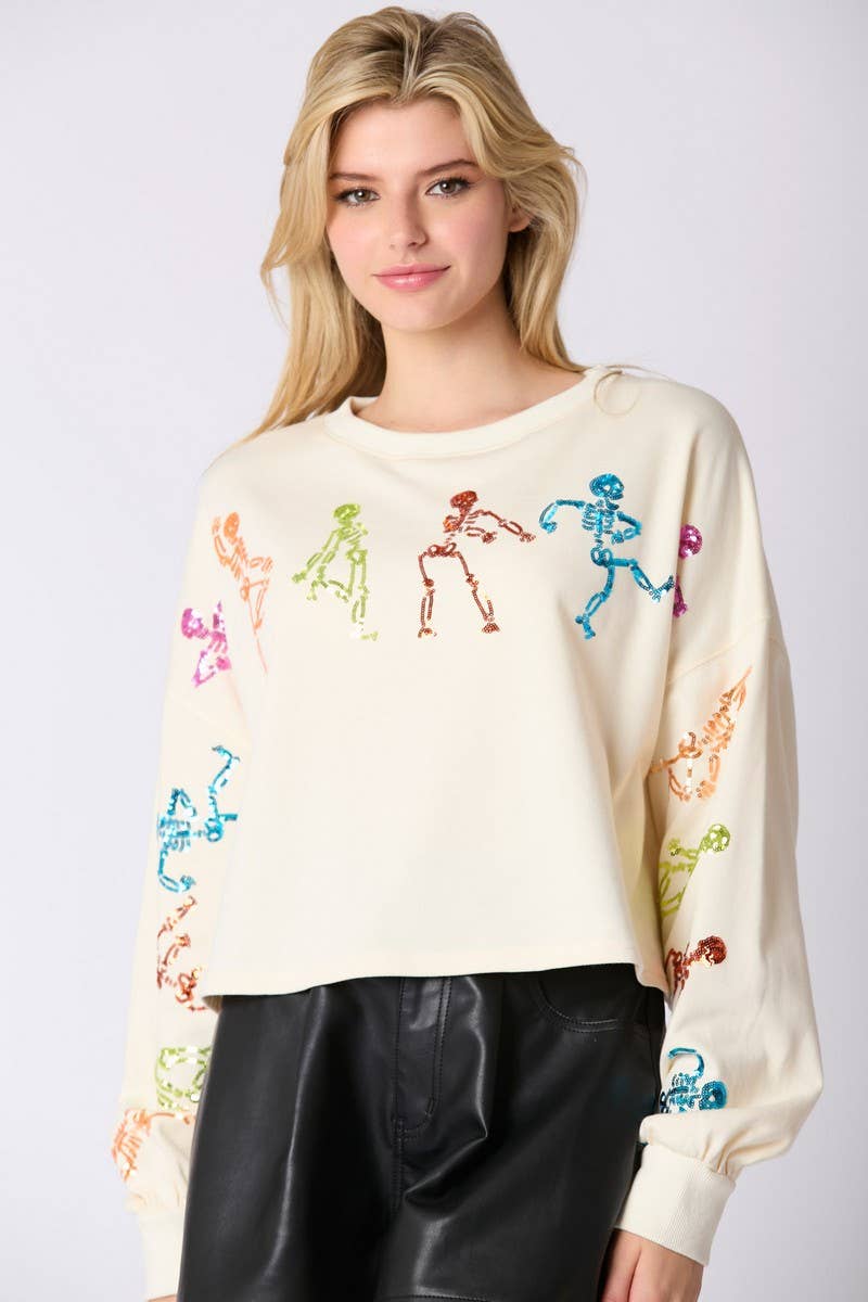 CWOSWL07752_HALLOWEEN SKELETON SEQUIN TOP LOOSE SWEATSHIRT