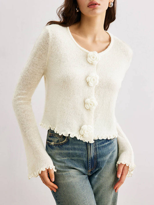 Three-dimensional flower ear-trimmed sweater