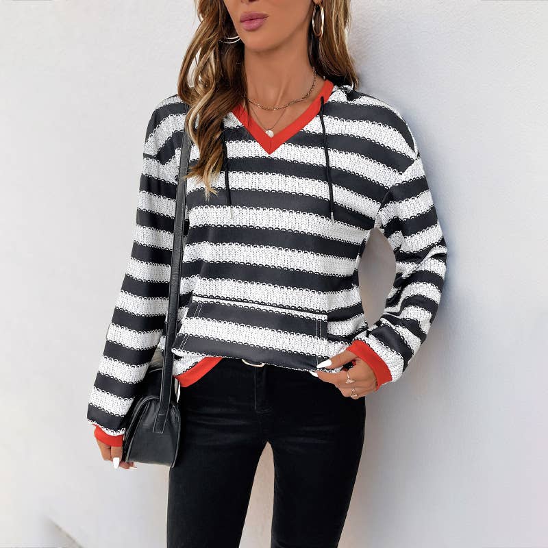 STRIPED SPLICED PULLOVER HOODED CASUAL HOODIE