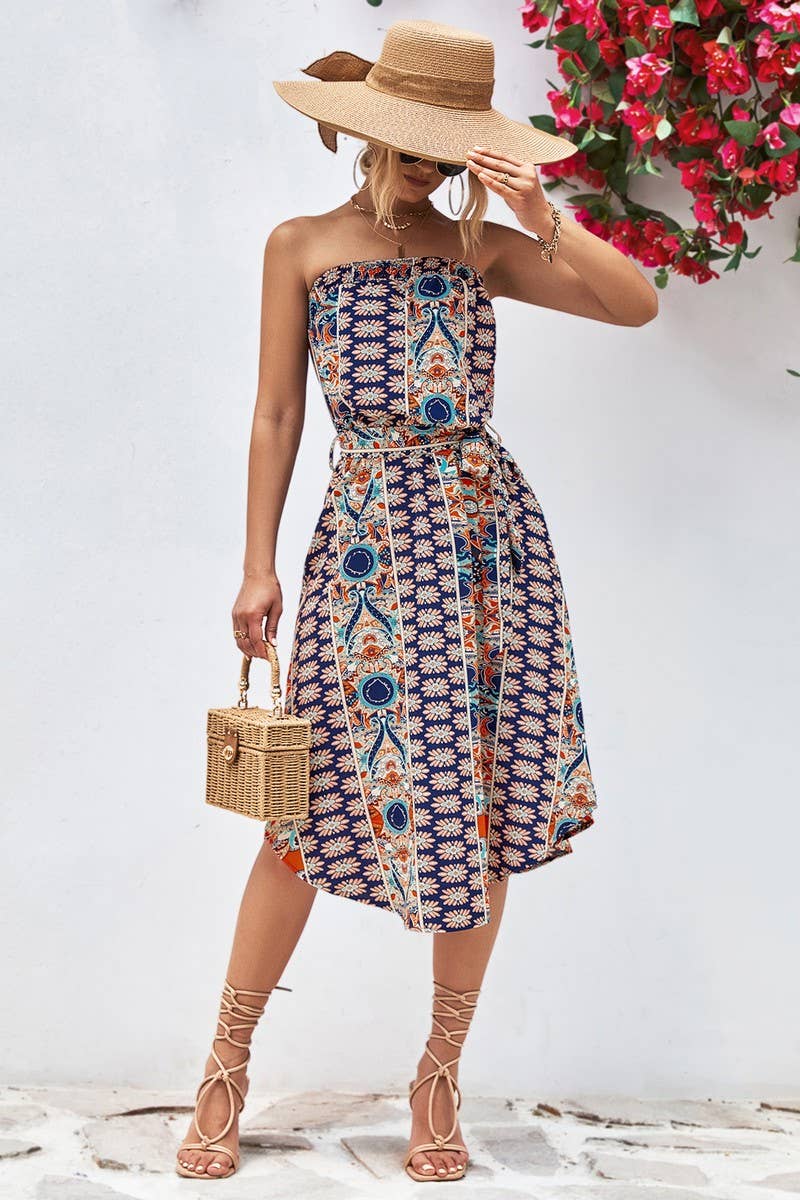WOMEN FIT STRAPLESS PRINT DRESS_CWDSD2643