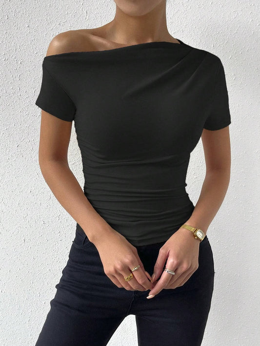 Short-sleeved top with sloping neck design