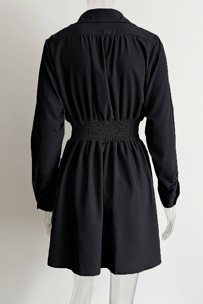 CWDSD5964_CABLE WAIST LONG SLEEVE SHIRT COLLAR DRESS