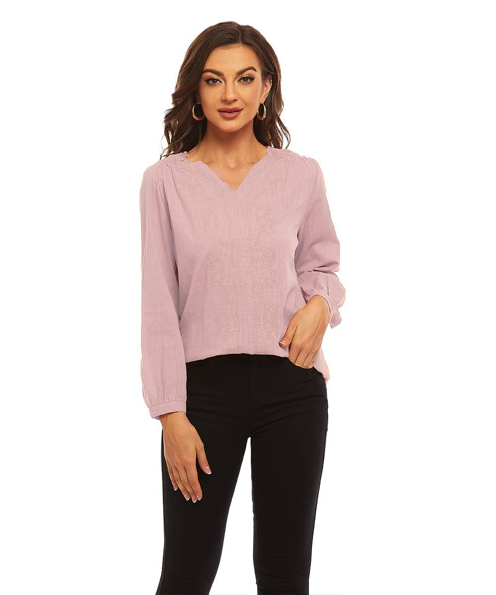 SOLID COLOR V-NECK COTTON LINEN LOOSE CASUAL TOP