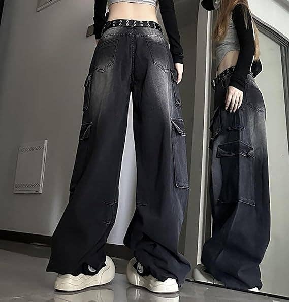 Loose straight wide-leg washed work pants