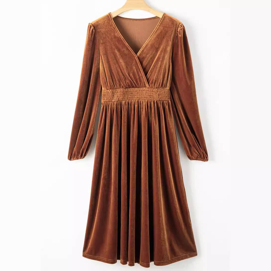 SOLID COLOR V-NECK PLEATED HIGH-WAISTED DRESS