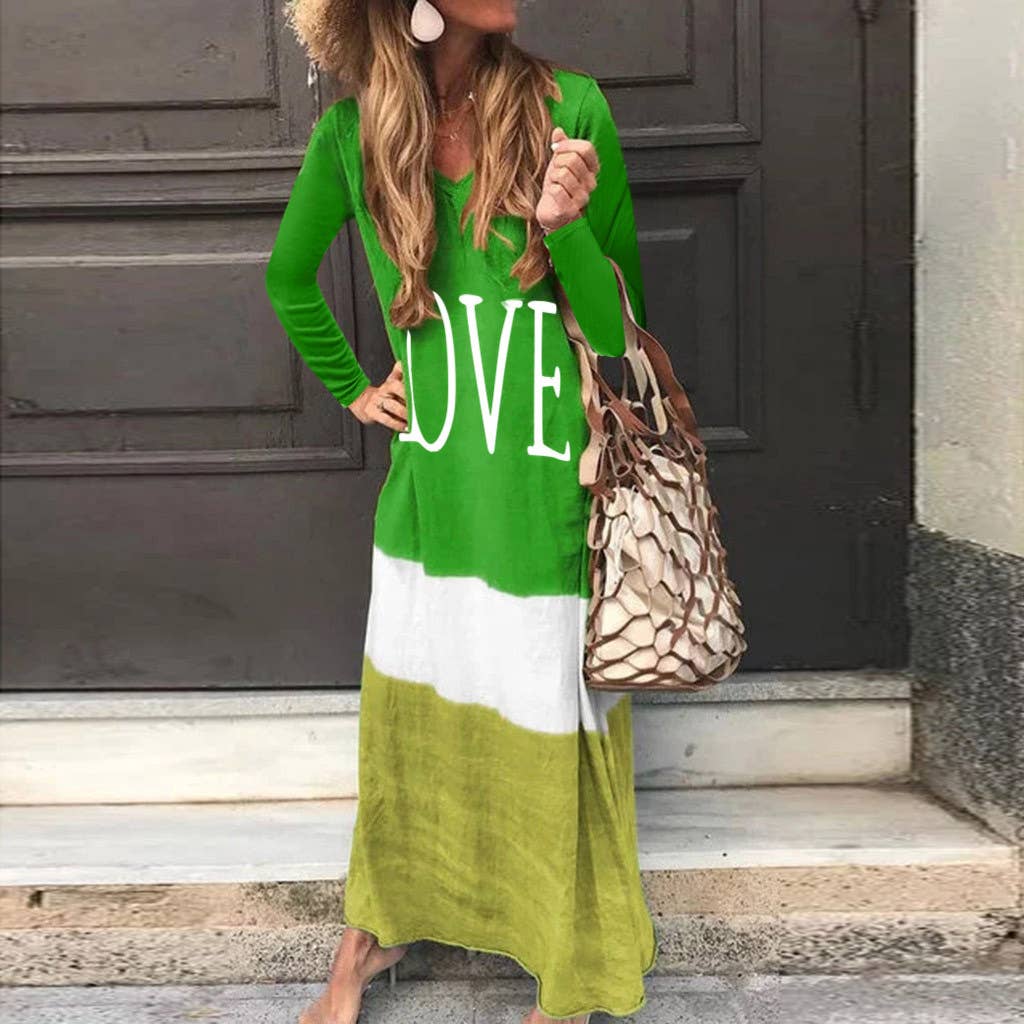 Fashion color-blocking printe long-sleeved dress