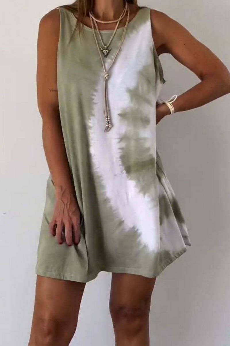 CWDSD8851_FASHION TIE-DYE SLEEVELESS SIMPLE HOLIDAY DRESS