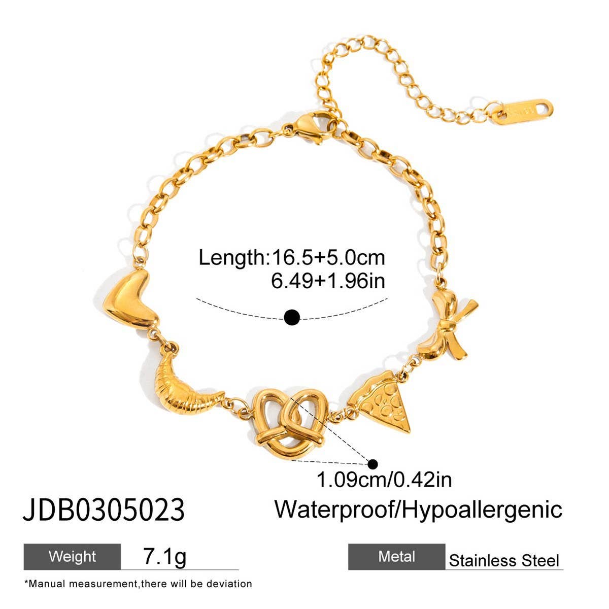 Cute Heart Croissant Pizza Bow Bracelet, 18K Gold