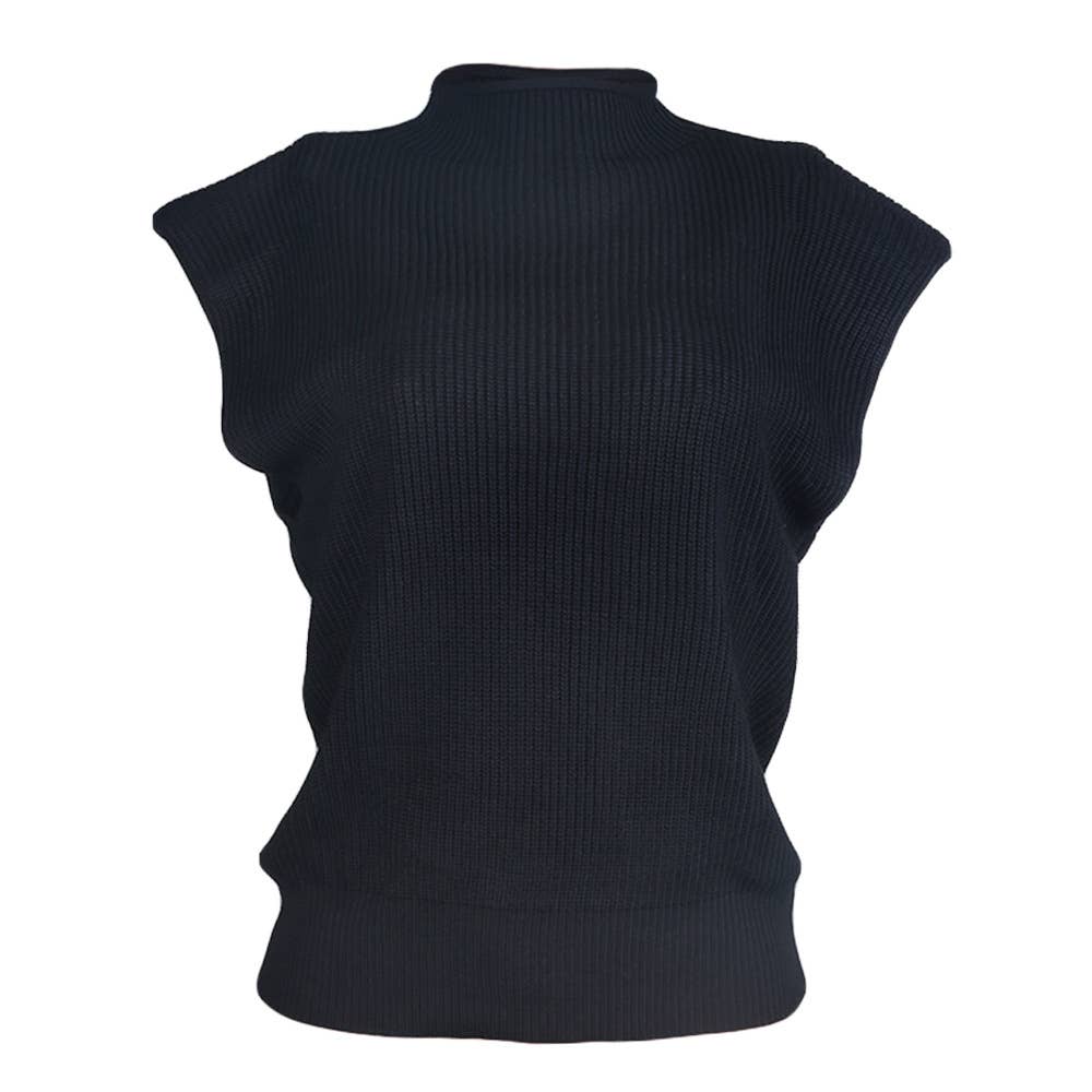 SOLID SLEEVELESS TURTLENECK SHOULDER PAD SWEATER