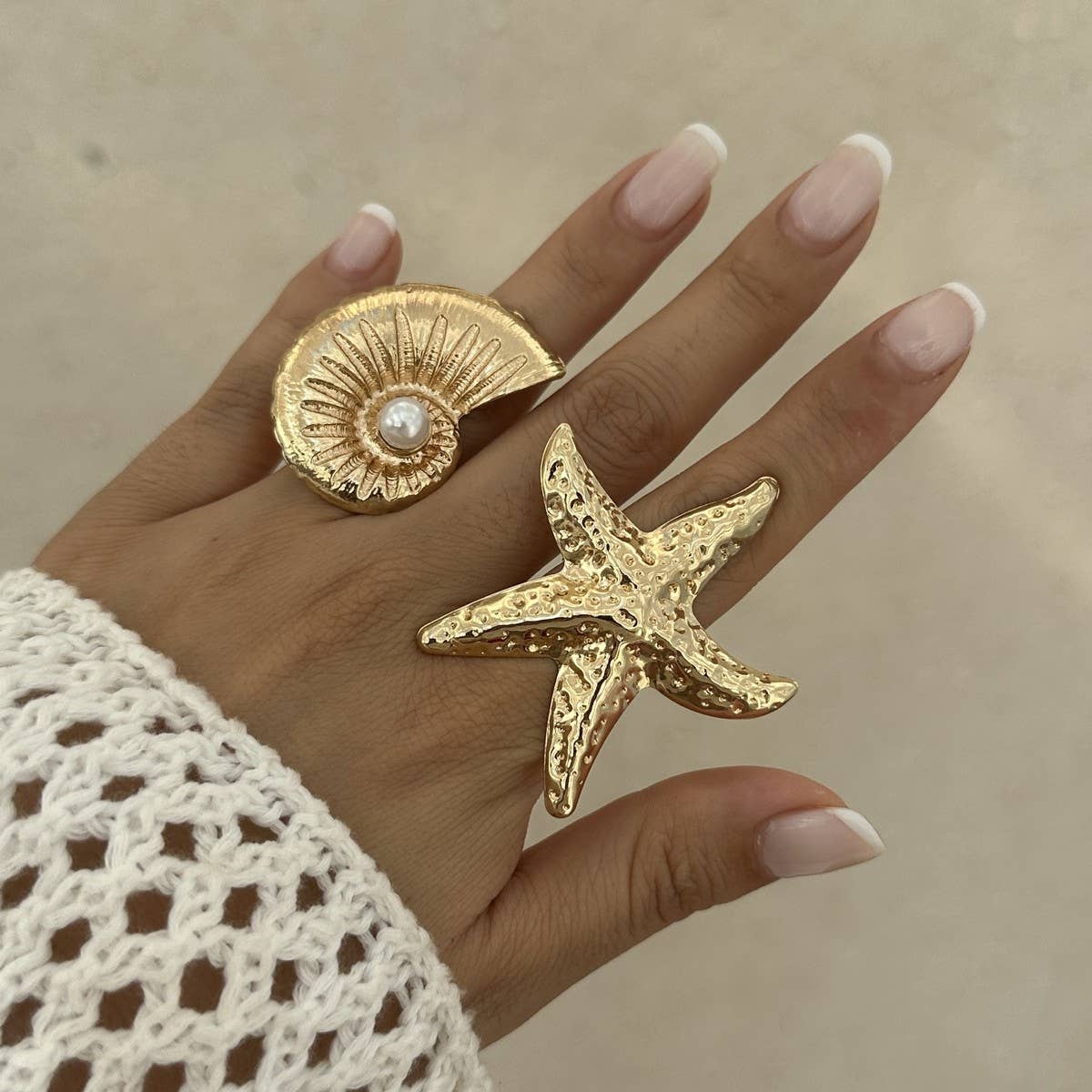 NEW BEACH IMITATION PEARL ADJUSTABLE ALLOY RING