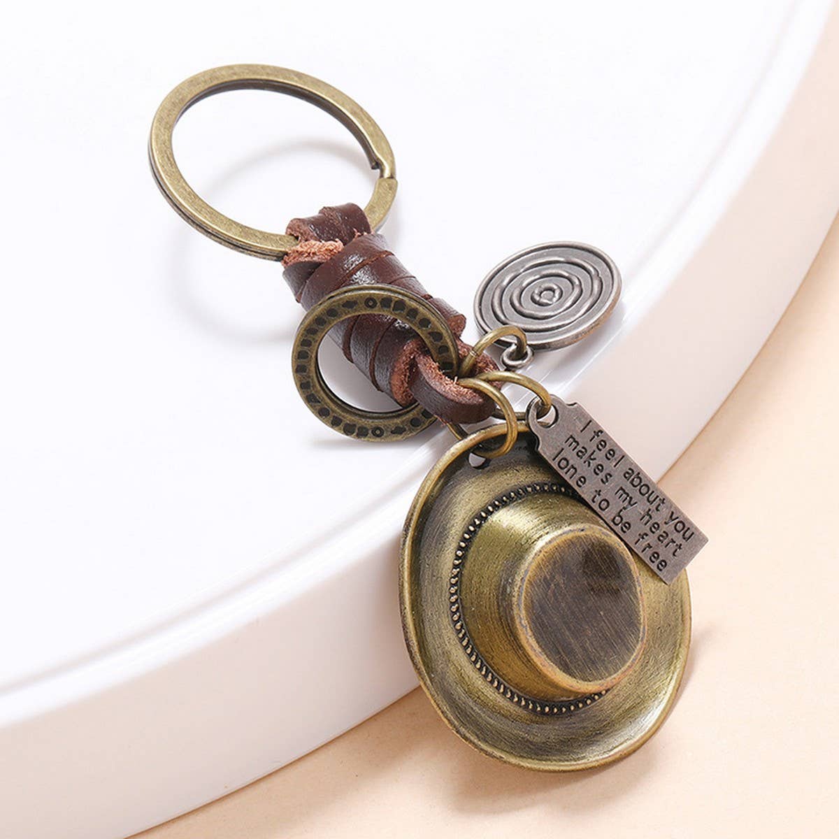 VINTAGE ALLOY COWBOY HAT COWHIDE KEYCHAIN