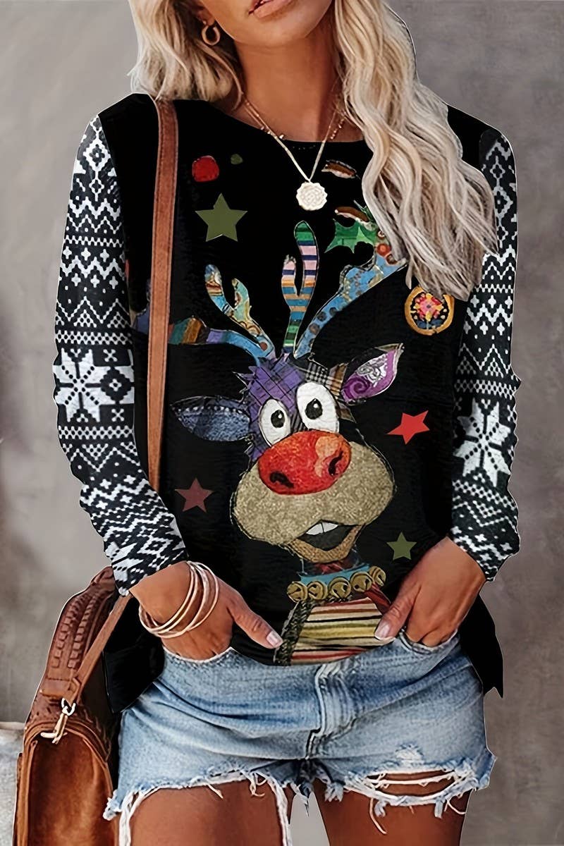 CWOSWL07612_CHRISTMAS PATTERN CASUAL KNIT LONG SLEEVE TEE