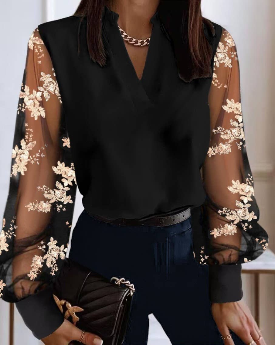 STYLISH V-NECK LACE PATCHWORK BAGGY SHIRT