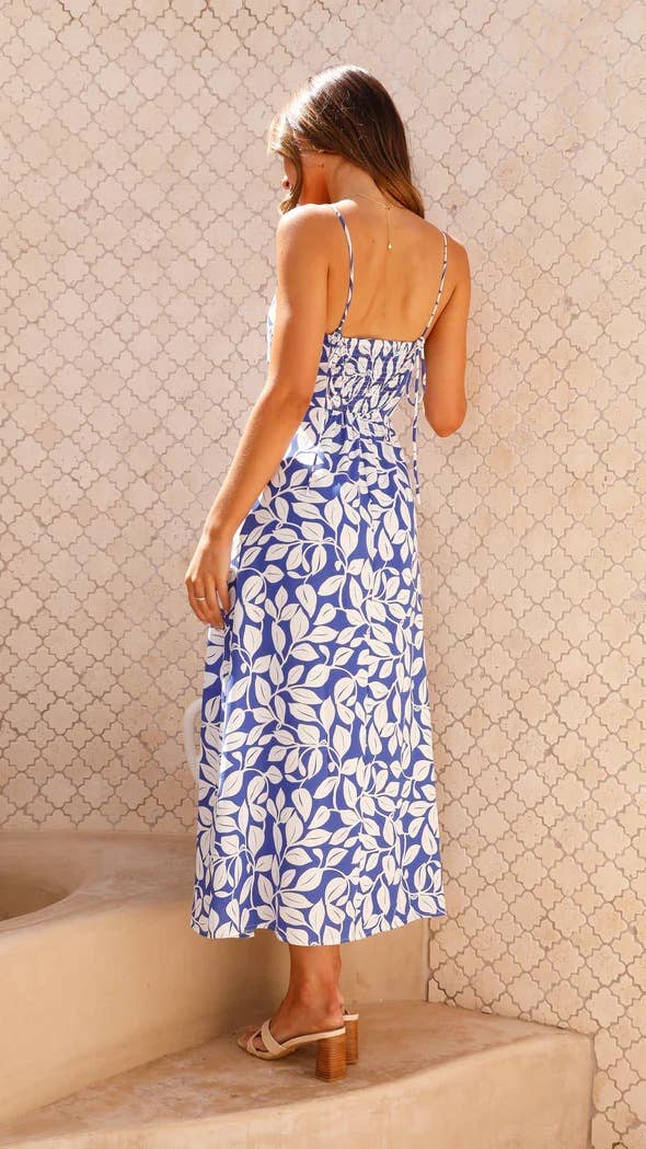 PRINT FRENCH SEXY SLIT LACE-UP DRESS