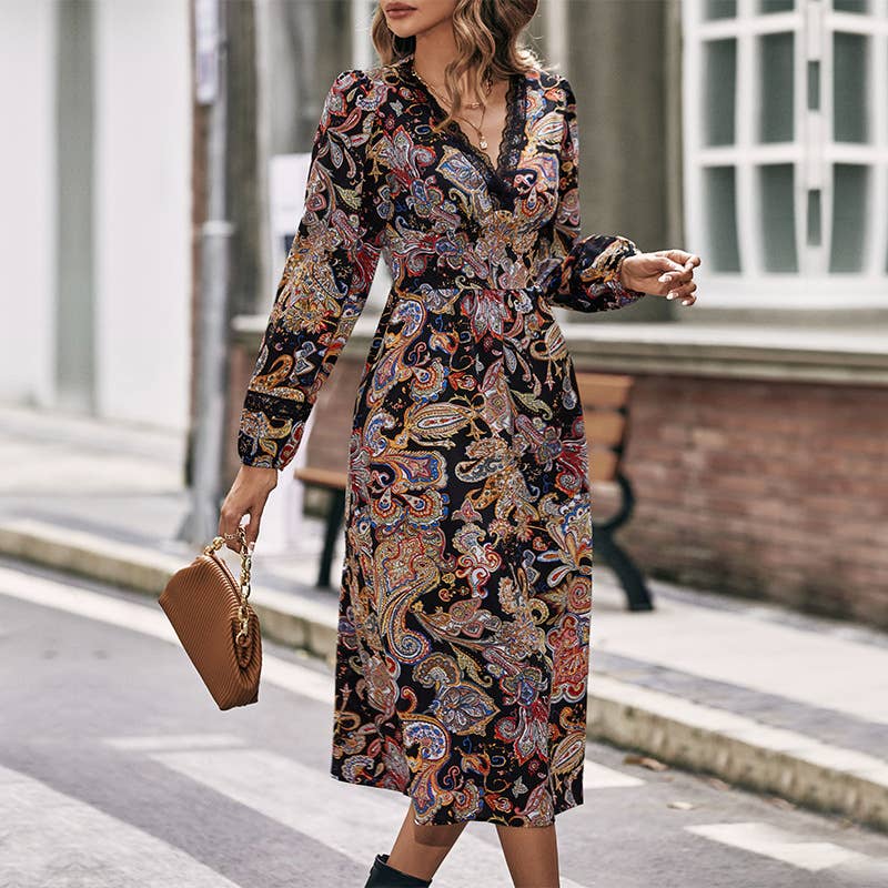 LACE V-NECK LONG SLEEVE PRINT SLIM-FIT DRESS