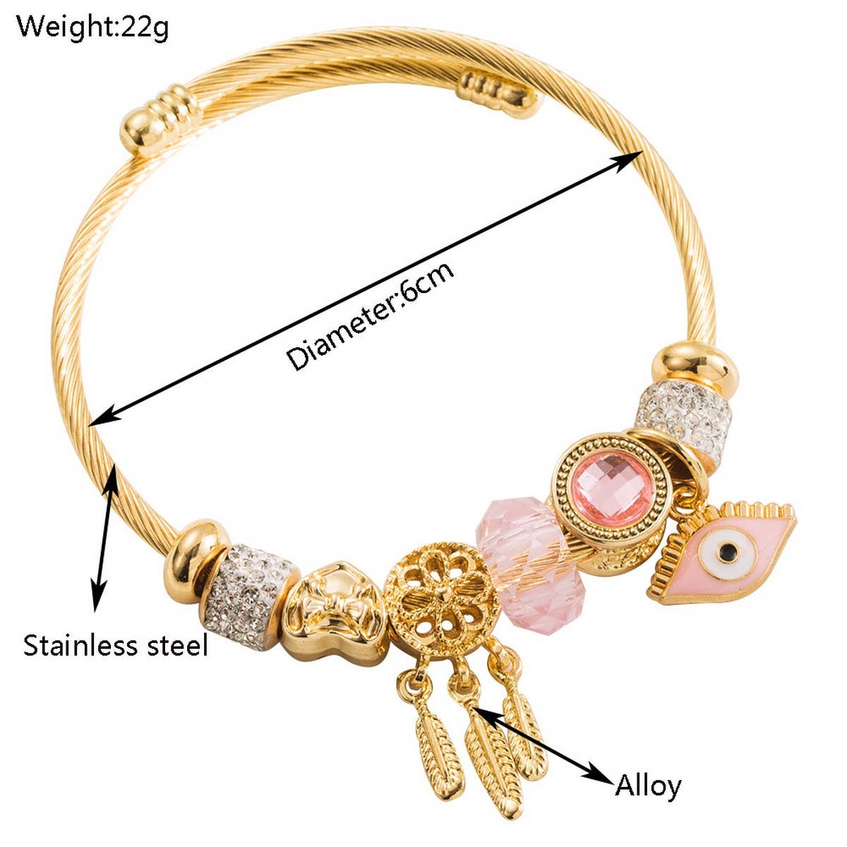 Gold Evil Eye Charm Stainless Steel Bracelet