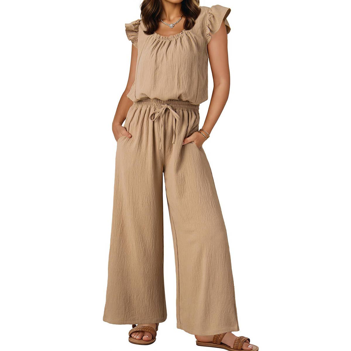 Women¡¯s ruched romper with ruffle sleeves