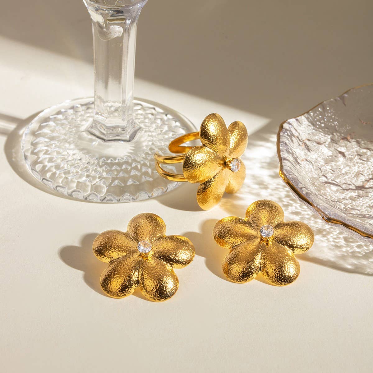 FASHION PERSONALIZED FLOWER EARRINGS AND RING SET_CWAJE1886