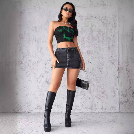 Vintage washed high waist denim mini skirt