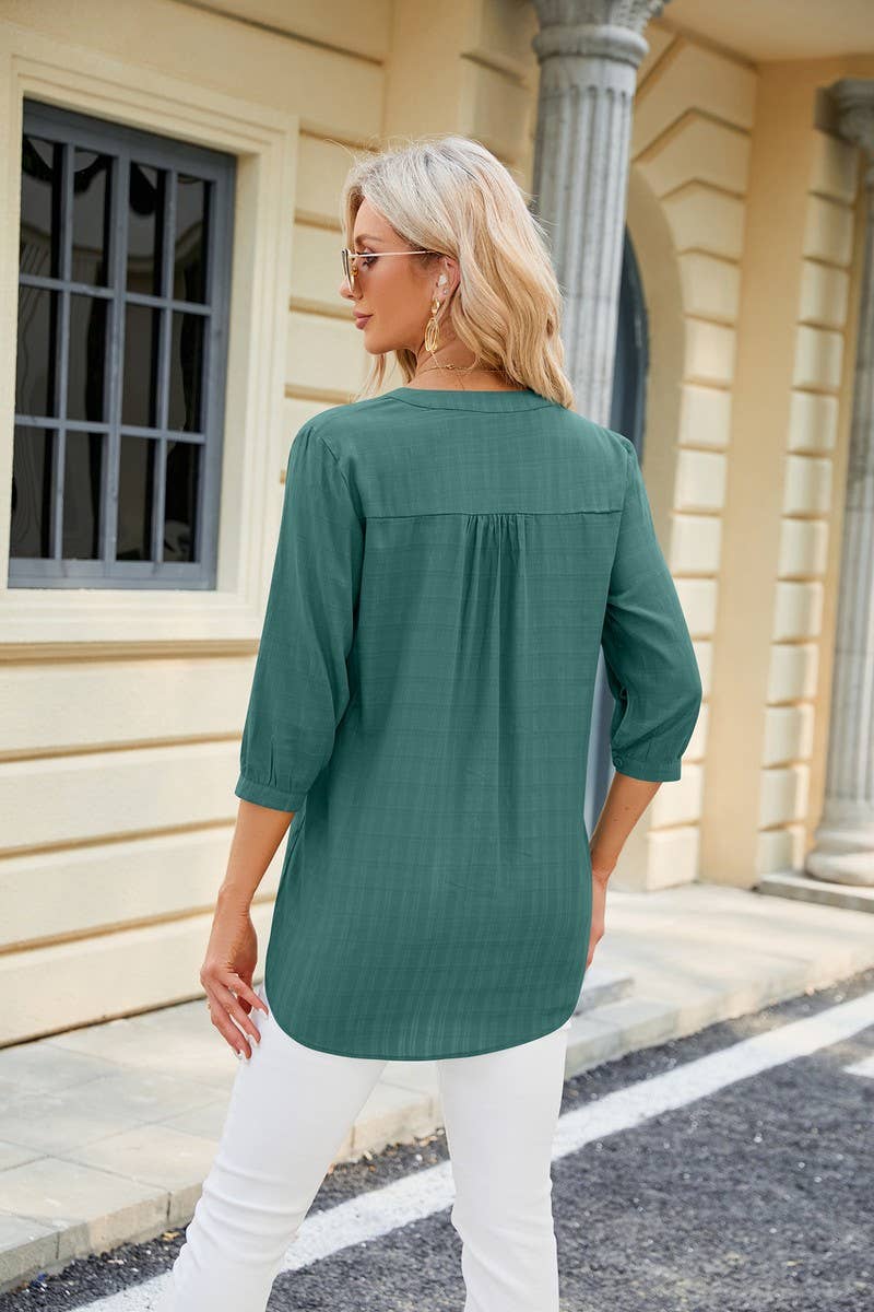 V NECK BUTTON UP T SHIRT_CWTSTS0283