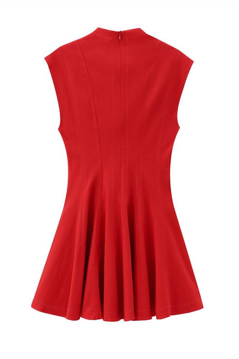 CWDSD6644_ROUND NECK SLEEVELESS SHORT PLEATED DRESS