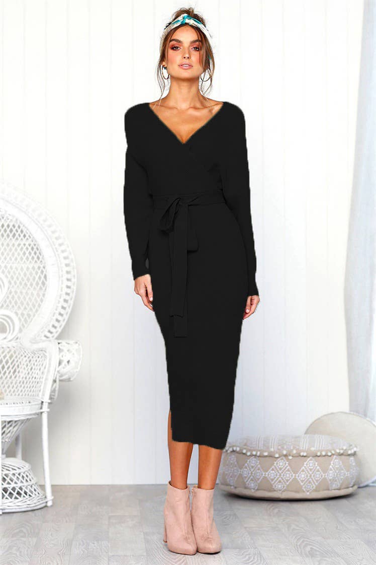 SEXY V-NECK LACE-UP LONG-SLEEVED DRESS