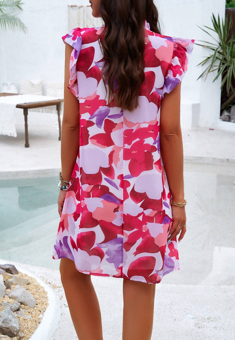 Elegant printed round-neck flying sleeve dress