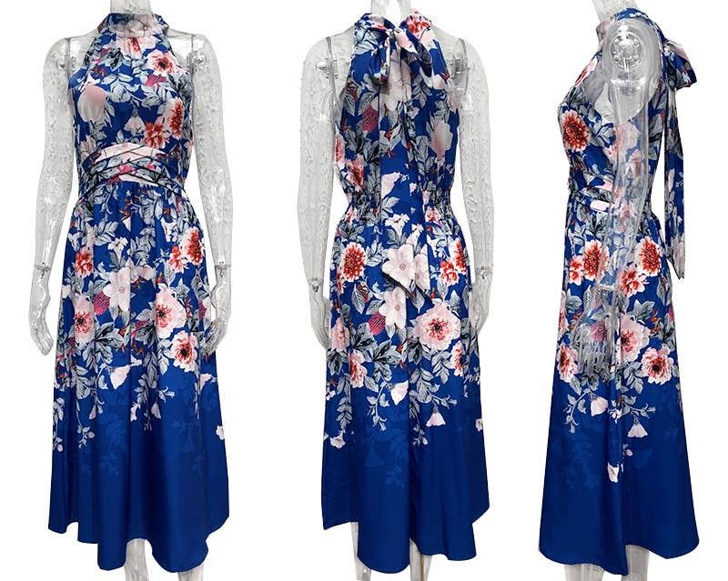 FASHION HALTER PRINT WAIST SLIMMING DRESS