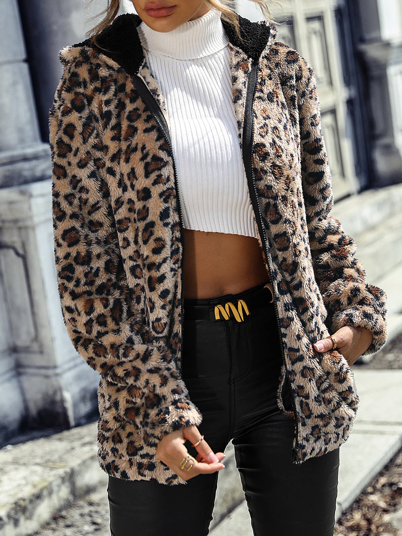 LEOPARD PRINT FLEECE LOOSE CASUAL JACKET