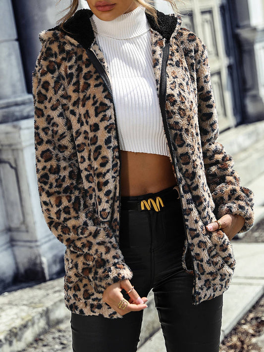LEOPARD PRINT FLEECE LOOSE CASUAL JACKET