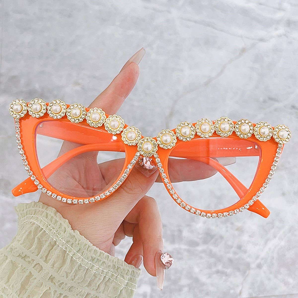 HANDMADE RHINESTONE PEARL RETRO CAT-EYE SUNGLASSES